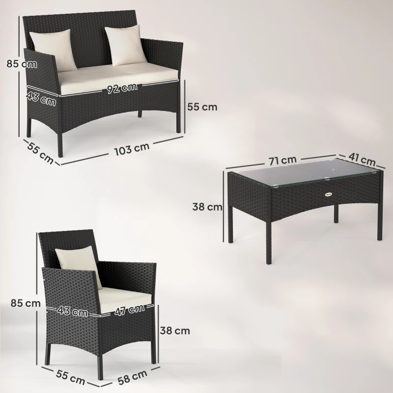 Outsunny Conjunto de Jardim de Vime Sintético com 2 Poltronas 1 Sofá de 2 Lugares 1 Mesa de Centro e Almofadas Preto e Branco