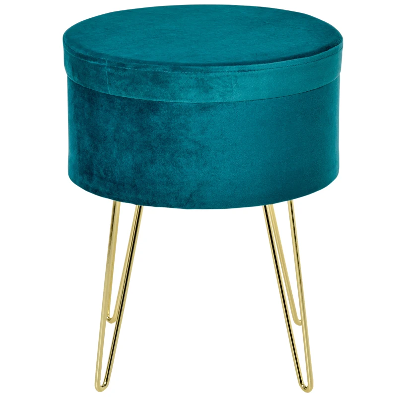 HOMCOM Pouf-Container 2-in-1 mit Hocker- und Tischfunktion, in Holz und Grünem Stoff, Metall mit Goldfinish, 36x36x45cm