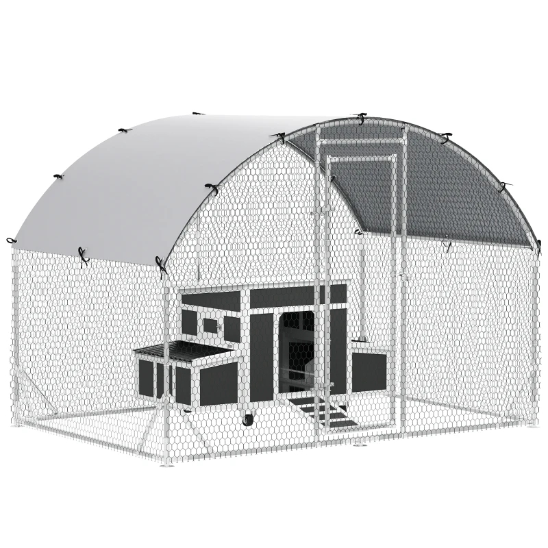 PawHut Conjunto de 1 Galinheiro de Madeira 147x93,5x89,5 cm e 1 Galinheiro grande em Aço Galvanizado 280x190x197 cm Cinza