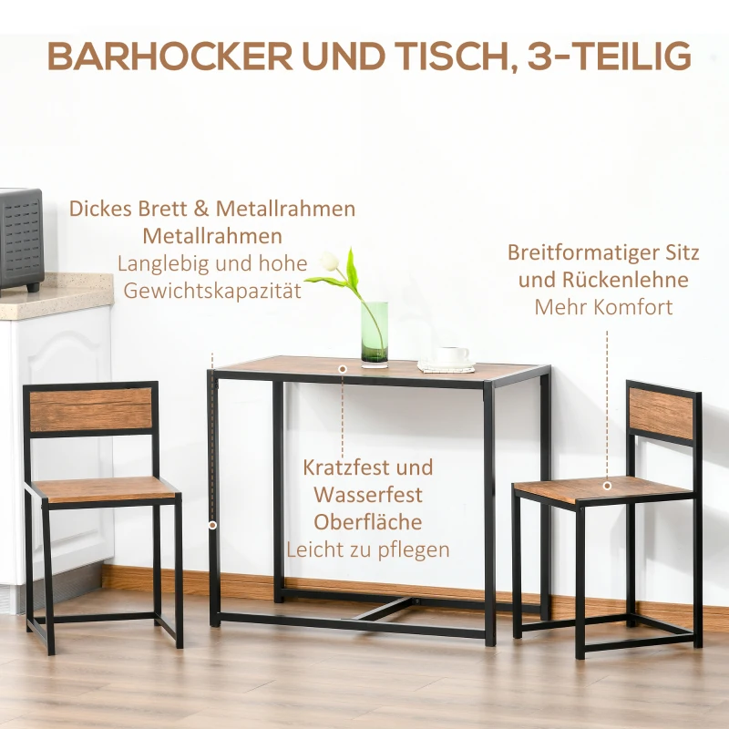 HOMCOM 3-teiliges Bartisch-Set Hochtisch-Set 3-teilig, 2 Stühle, 1 Tisch, 90 cm x 47 cm x 76  cm, Braun + Schwarz
