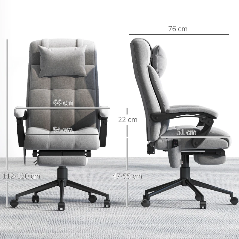 Vinsetto Scaun Birou Ergonomic cu Masaj și cu Încălzire, Spătar Înclinabil 155°, Suport Picioare,pentru sufragerie,dormitor, 66x76x112-120cm, Gri(m-3)