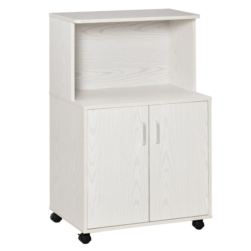 HOMCOM Rollbarer Mehrzweck-Küchenwagen mit Rädern, Schrank und Ablage für die Mikrowelle, hoher Schrank aus Spanplatte, 60,4x40,3x97cm Weiß