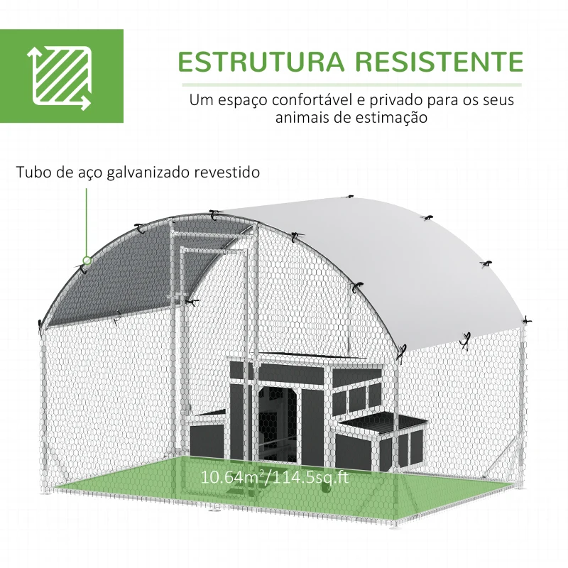 PawHut Conjunto de 1 Galinheiro de Madeira 147x93,5x89,5 cm e 1 Galinheiro grande em Aço Galvanizado 280x190x197 cm Cinza