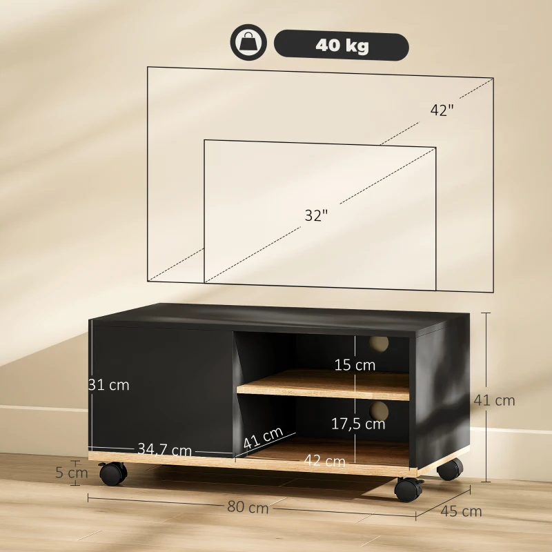 HOMCOM TV-Möbel auf Rollen mit 2 Bremsen - 2 Fächer + Schranktür 2 Kabeldurchführungen - in Schwarz Eiche-Hell