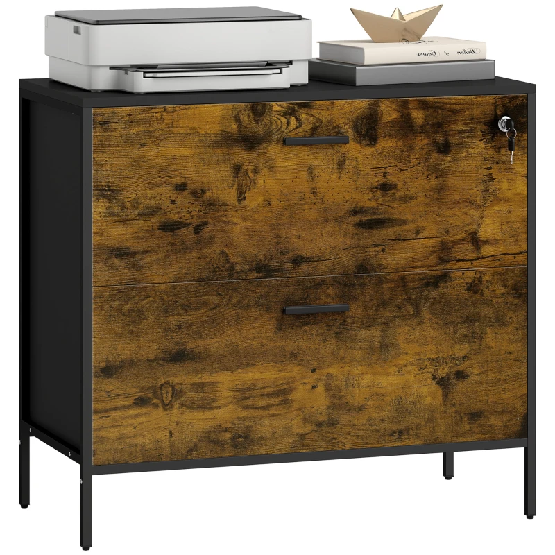 HOMCOM Móvel Arquivo para Escritório com 2 Gavetas Bloco de Gavetas para Arquivos com Fechadura para Pastas Suspensas Tamanho A4 e Carta 80x39x73,5 cm Preto e Marrom