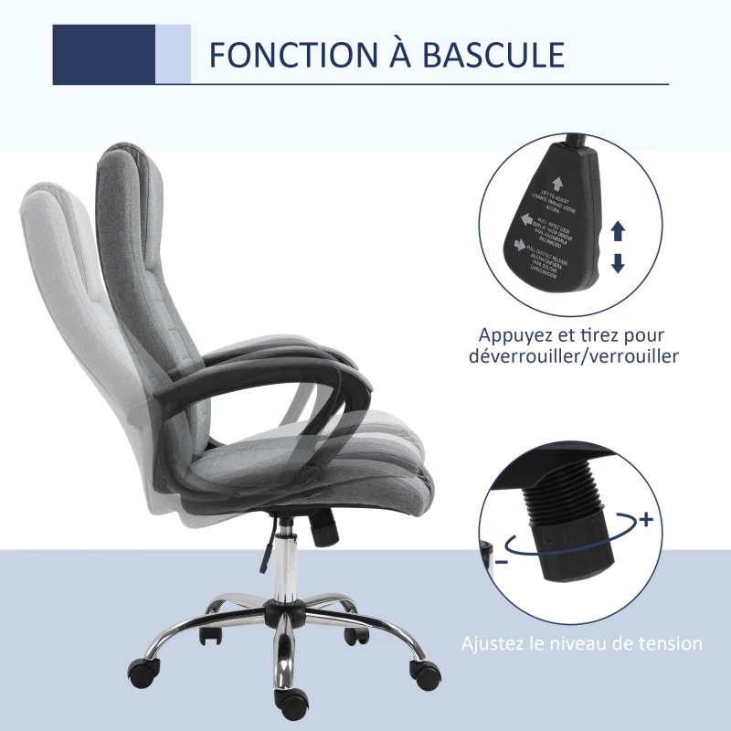 HOMCOM Fauteuil de bureau à roulettes chaise manager ergonomique pivotante hauteur réglable lin gris foncé