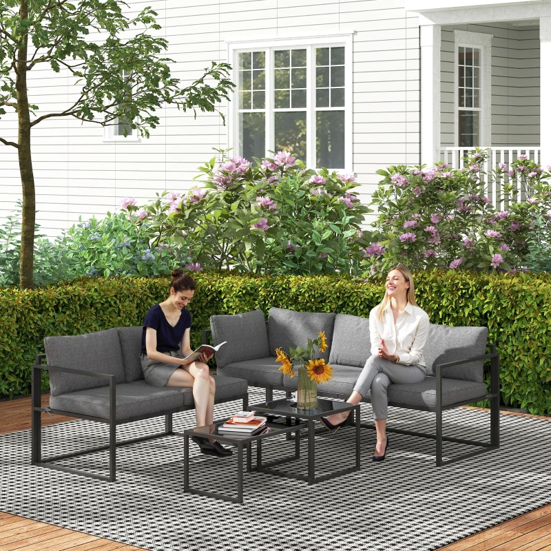 Outsunny Gartenmöbel-Set für den Außenbereich mit 2 Sofas und 2 Nesttischen aus Sicherheitsglas, Grau
