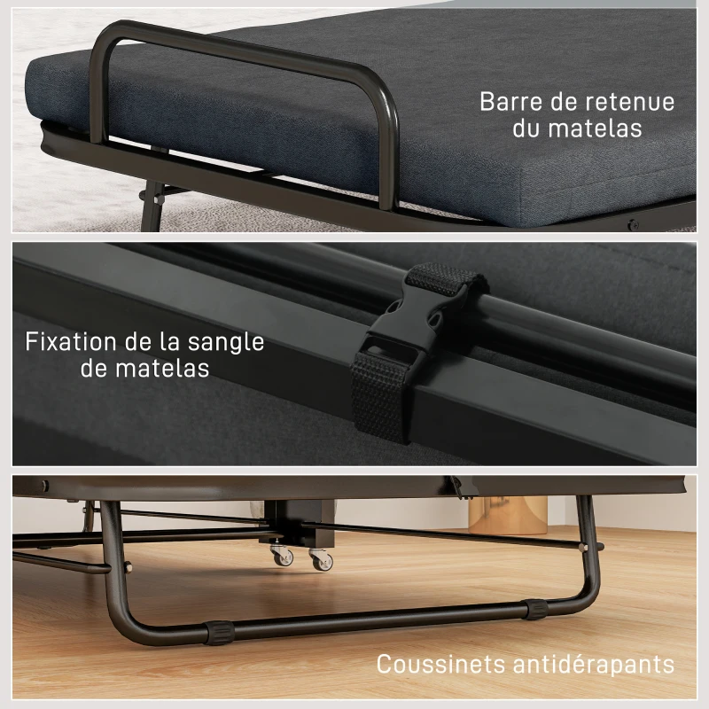 HOMCOM Klappbett für 1 Person 188 x 76 cm, klappbares Gästebett mit 7 cm Matratze auf Rollen, Belastbarkeit 150 kg, Dunkelgrau