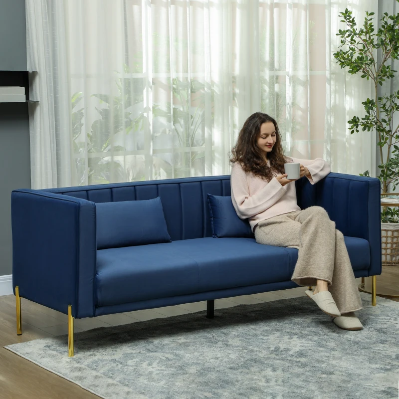 HOMCOM Sofá de 3 Lugares Estofado em Veludo com 2 Almofadas Apoio para os Braços e Pés Dourados 194,5x76x76 cm Azul Marinho