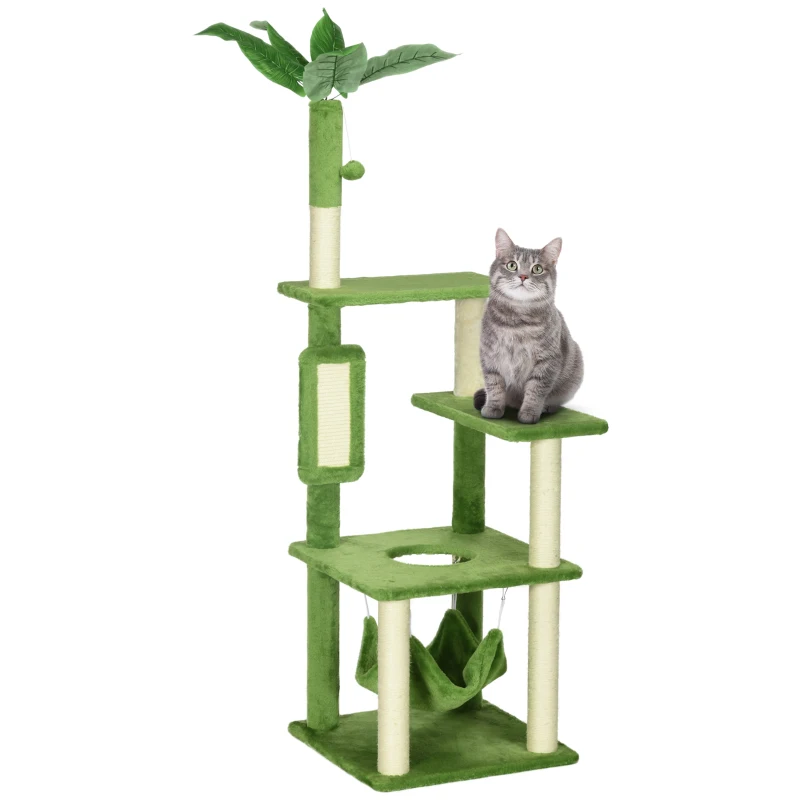 PawHut Kratzbaum für Katzen mit Hängematte, Ball und Sisal Kratzstamm, 49x49x142cm, Grün