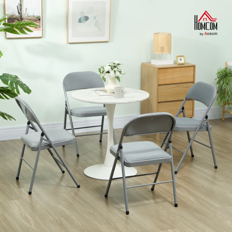 HOMCOM Set of 4 indoor folding and portable chairs with velvet padded seats and backrests, steel frame, light gray