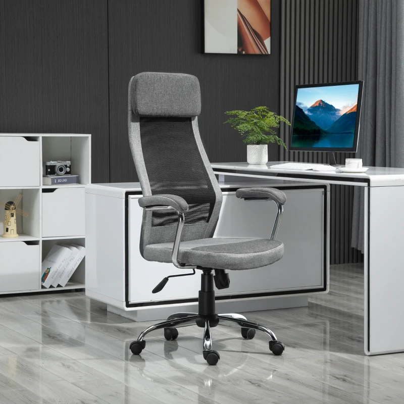 Vinsetto Bürostuhl Ergonomisch Drehbar, Höhenverstellbar und Wippfunktion, Netzstoff Armlehnen Stuhl 65x67x119-129cm Grau