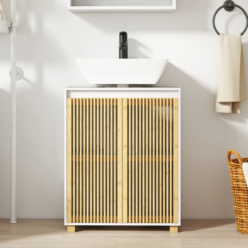 HOMCOM Unterwaschbeckenmöbel Badezimmer - Schrank mit Lamellentüren aus Bambus, 60 x 30 x 75 cm, Effekt Holz Natur