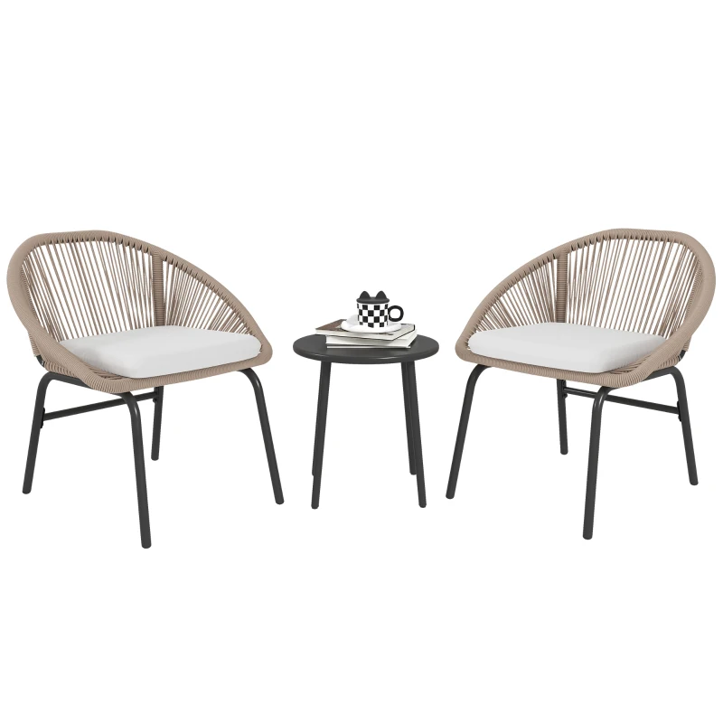 Outsunny Gartenmöbel-Set für 2 Personen mit weichen Sitzkissen aus geflochtener Rattan-Kordel und Epoxidstahl in Khaki