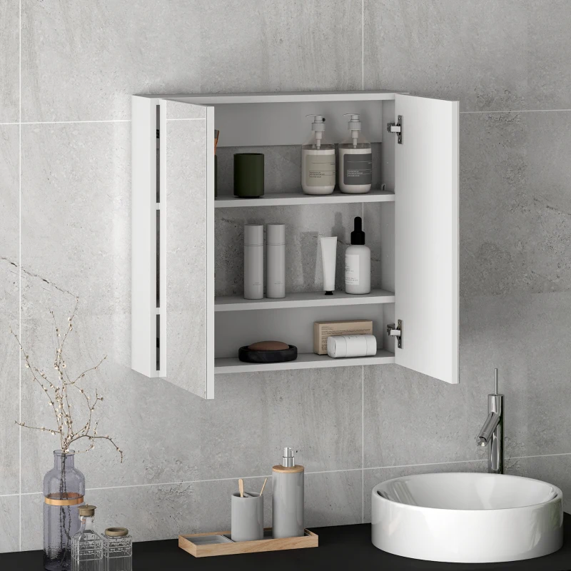 HOMCOM 60 x 15 cm Double Door Bathroom Mirror Cabinet - White