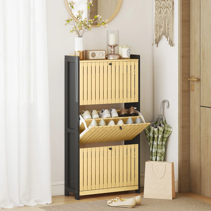 HOMCOM Schuhschrank 18 Paare mit 3 kippbaren Schubladen, Gittertüren aus Bambus, 60x24x118cm, Schwarz und Naturholz