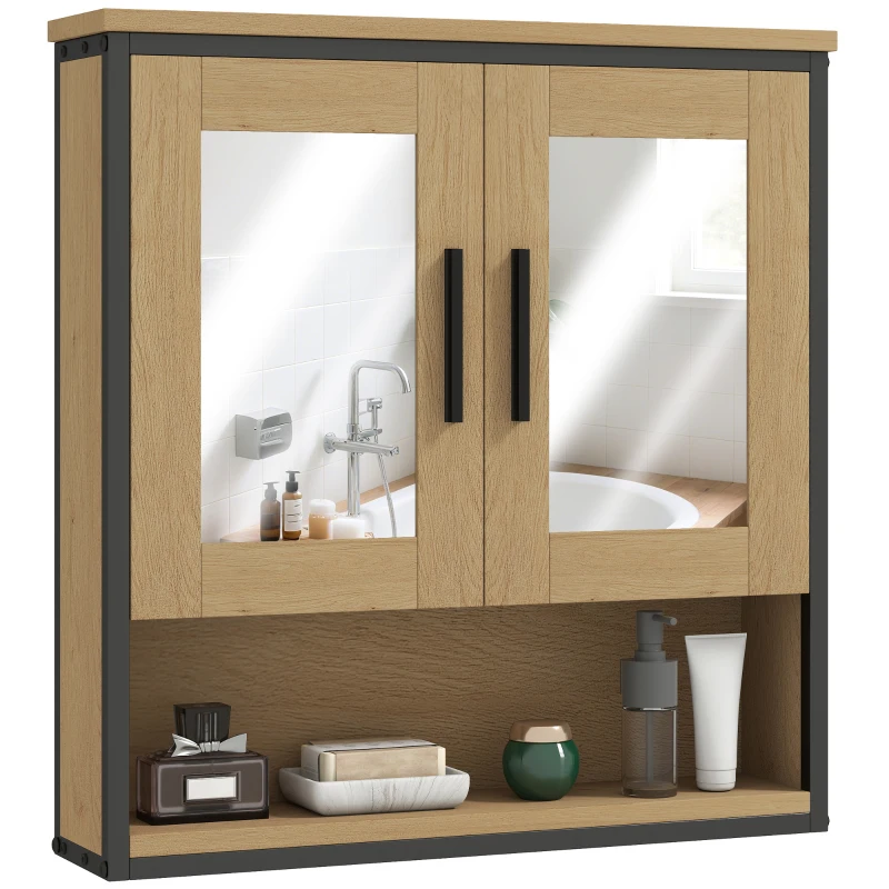 HOMCOM Wandspiegelschrank Badezimmer mit Miroir, Badezimmerschrank mit offenem Fach und verstellbarem Regal, Eiche