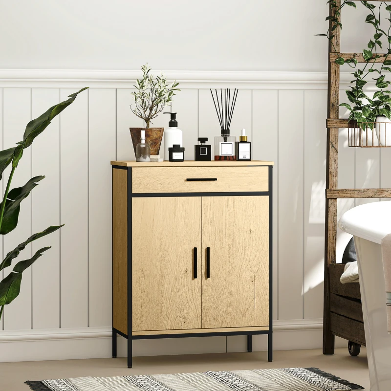 HOMCOM Badezimmerschrank mit Schublade, Zweitürenschränken, verstellbarem Regal und Soft-Close-Scharnieren, 60 x      30 x 80 cm, Eiche