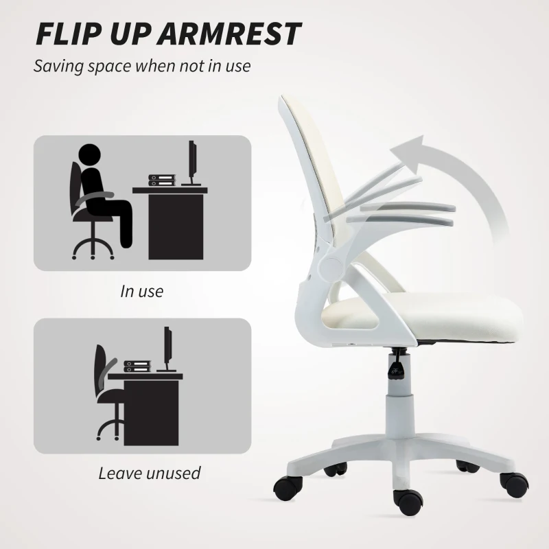 HOMCOM Breathable Mesh Office Chair, Ergonomic Swivel Computer Chair with Flip-up Armrests, Lumbar Back Support for Home/Office, White