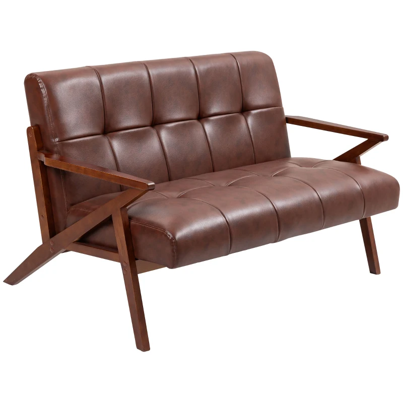HOMCOM Compact 2 Seater Sofa, Vintage Tufted Loveseat Sofa with Solid Wood Legs, PU Leather Small Couch Settee for Living Room, Bedroom, Home Office, 133 x 81 x 78.5 cm, Brown