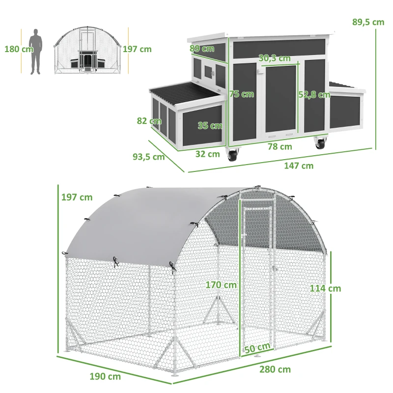 PawHut Conjunto de 1 Galinheiro de Madeira 147x93,5x89,5 cm e 1 Galinheiro grande em Aço Galvanizado 280x190x197 cm Cinza