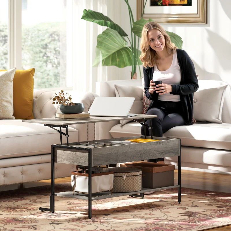 HOMCOM Table basse avec plateau relevable, table de salon avec compartiment caché et étagère ouverte, 95x40x59cm, gris