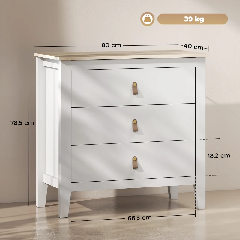 HOMCOM Kommode 3 Schubladen Aufbewahrungsmöbel im zeitgenössischen Stil mit Polyurethan-Griffen, 80 x 40 x 78,5 cm, weiß