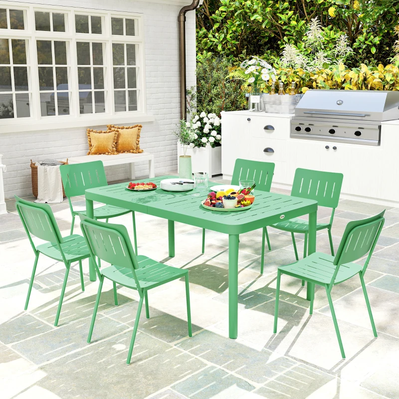 Outsunny Outdoor Gartentisch mit 6 Stühlen, Lattenplatte 150 cm, rostbeständiger Stahlrahmen, Grün