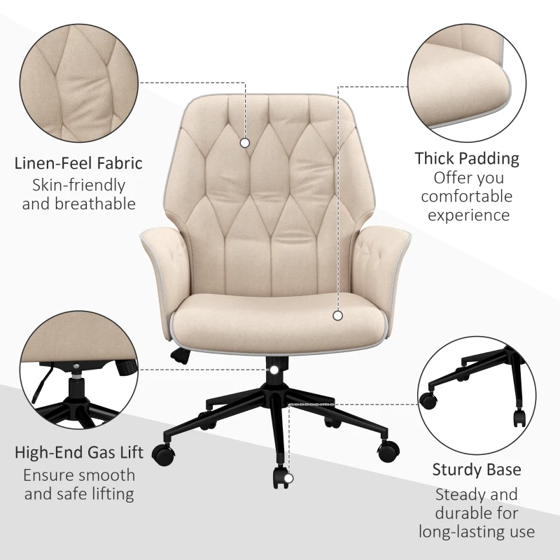 HOMCOM Linen Office Chair, Mid Back Computer Desk Chair with Adjustable Height, Beige