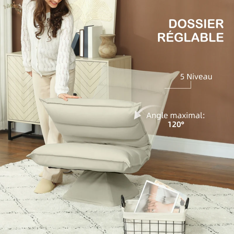 HOMCOM Fauteuil de sol paresseux pivotant 360° avec dossier inclinable design capitonné 62 x 62 x 95 cm beige