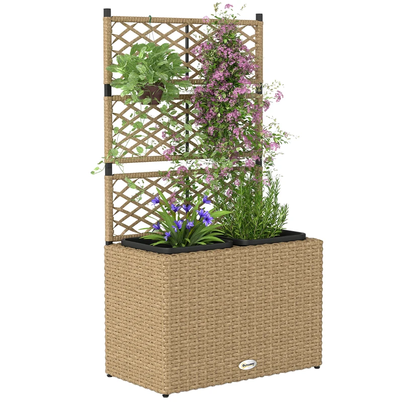 Outsunny Pflanzenkübel mit Rankgitter 3 Pflanzkästen 22L aus Polyrattan und Stahl 57 x 30 x 107 cm Sand