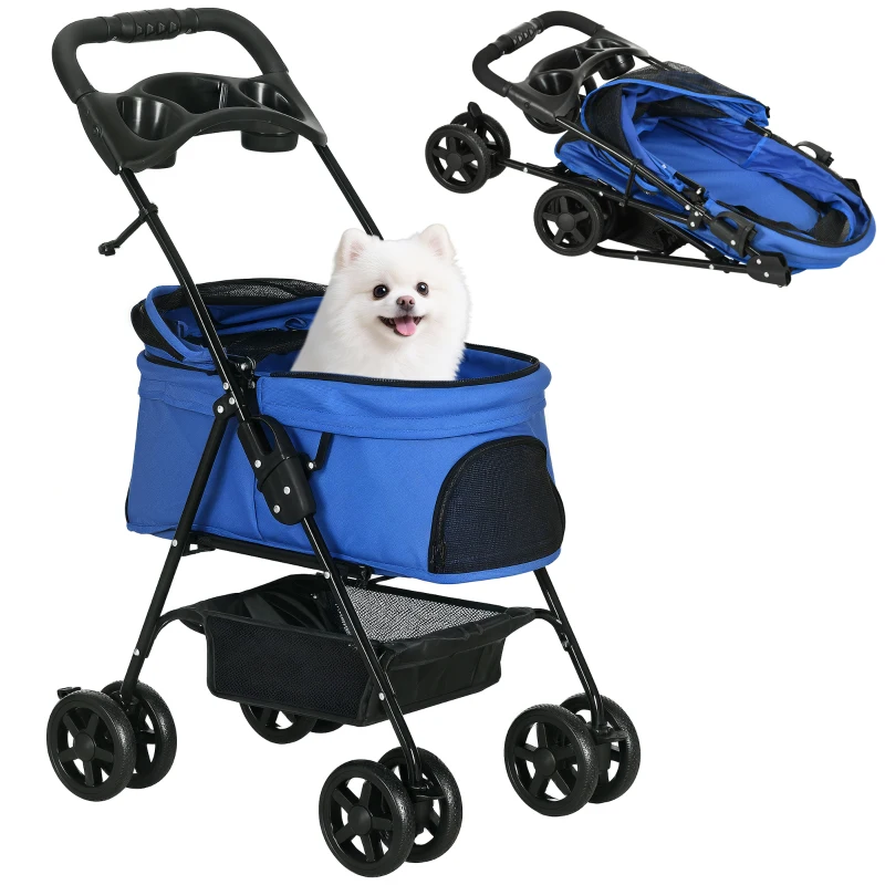 PawHut Carrito para Perros Pequeños con Ruedas Universales Cesta de Almacenaje Correas de Seguridad y Ventanas 67x45x96 cm Azul