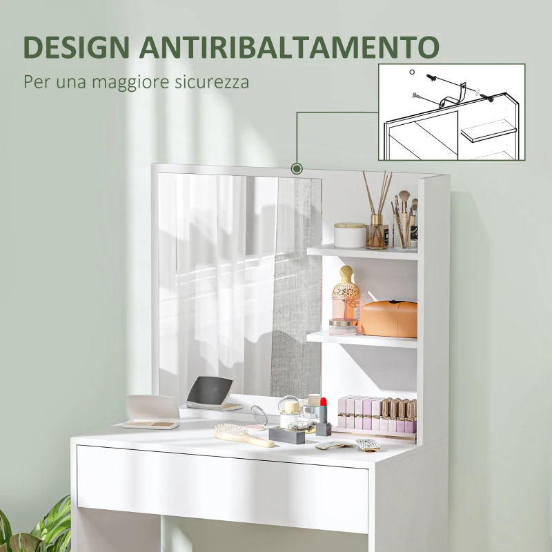 HOMCOM Tavolo da Trucco con Specchio, 3 Ripiani ad Angolo e Cassetto, in Legno e Vetro, 75x40x137 cm, Bianco
