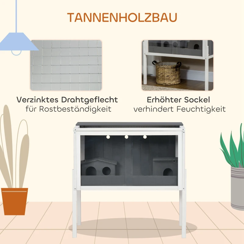 PawHut Hamsterkäfig, 3000 cm² Zwerghamsterkäfig aus Holz und Metall, mit 2 Hütten, Acrylschiebetüren, stabil, sicher, Grau+Weiß(m-7)