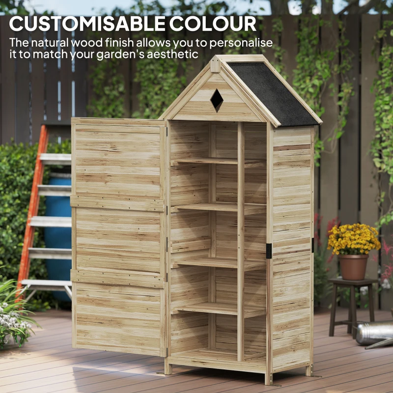 Outsunny Garden Shed with 4 Shelves, Wooden Storage Shed, Waterproof Asphalt Roof, 80 x 49 x 170 cm, Light Brown