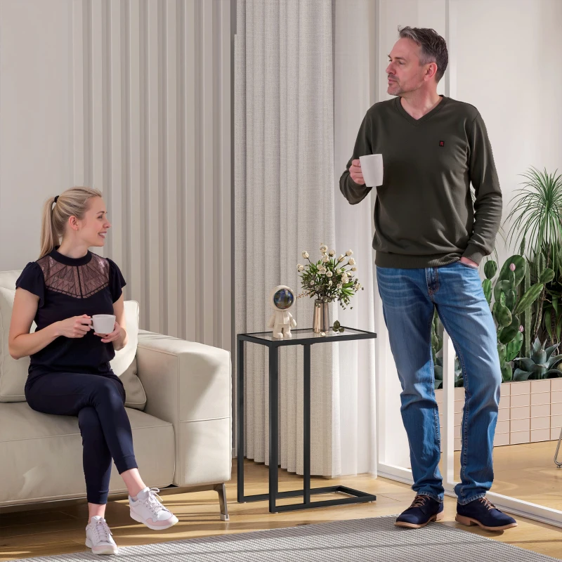 HOMCOM Beistelltisch in C-Form mit gehärteter Glasplatte, Stahlrahmen, Schwarz