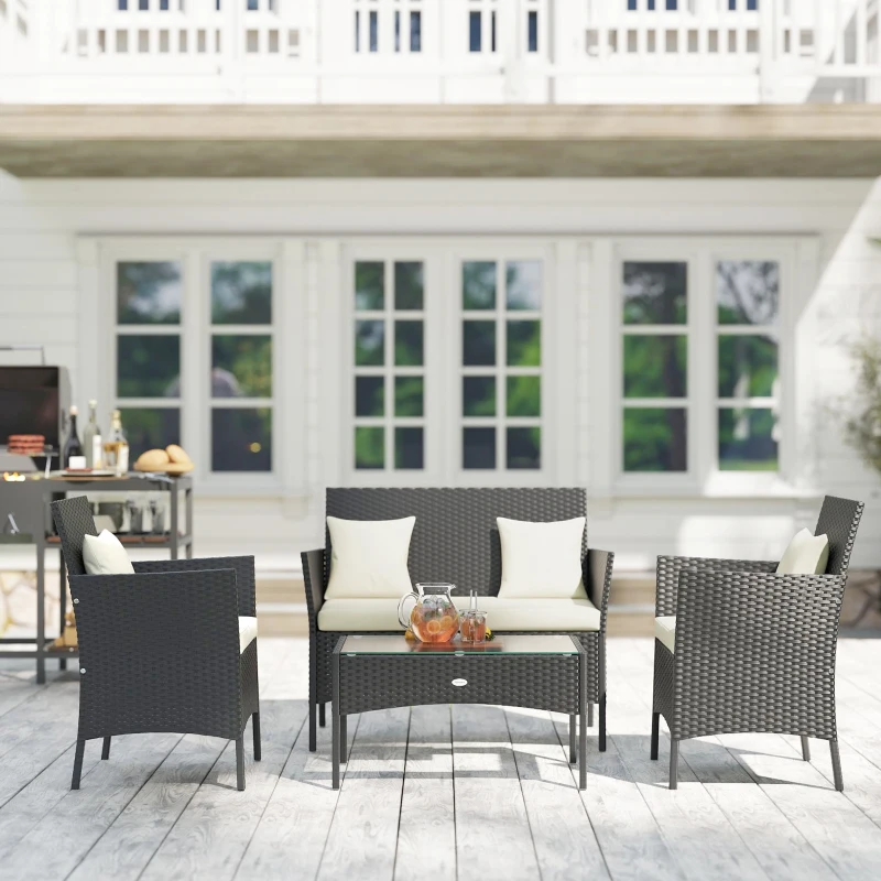 Outsunny Conjunto de Jardim de Vime Sintético com 2 Poltronas 1 Sofá de 2 Lugares 1 Mesa de Centro e Almofadas Preto e Branco