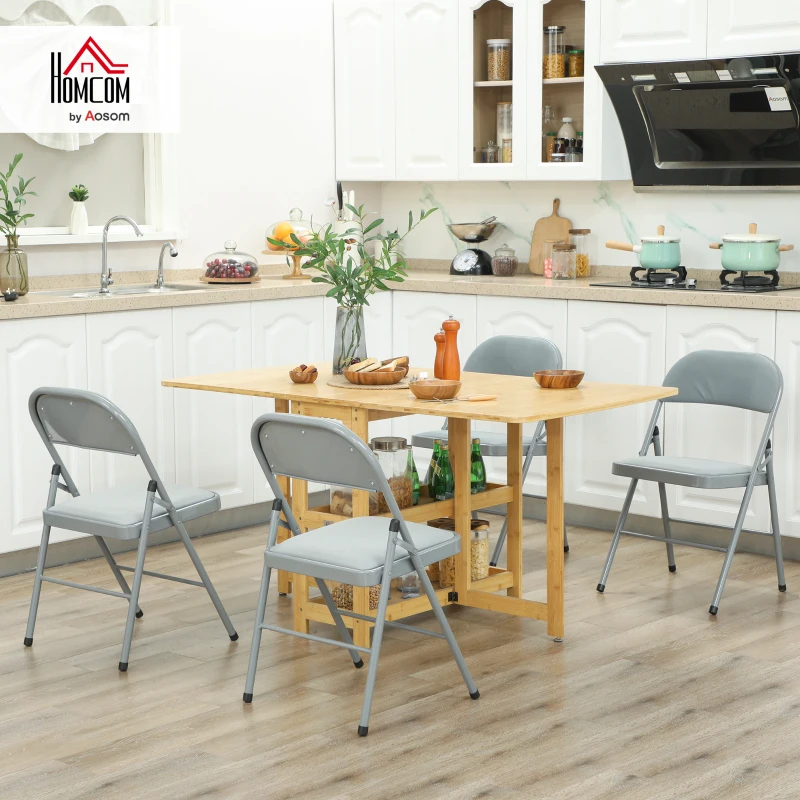HOMCOM Set of 4 indoor folding and portable chairs with velvet padded seats and backrests, steel frame, light gray
