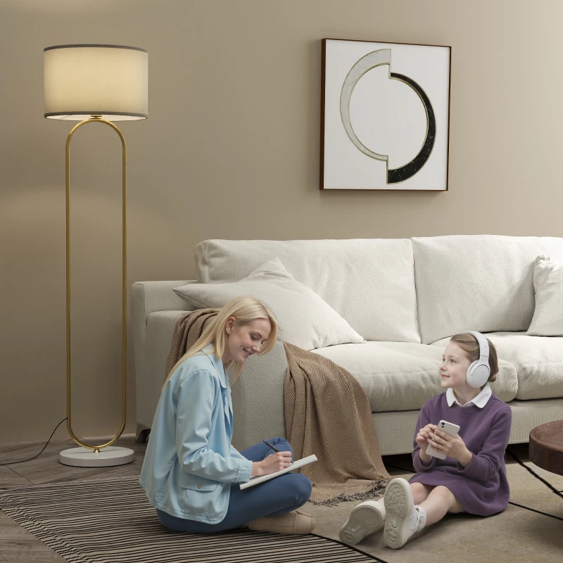 HOMCOM Moderne Stehlampe mit Leinenstoff Lampenschirm, Doppelrohr aus Metall und Fußschalter, Gold