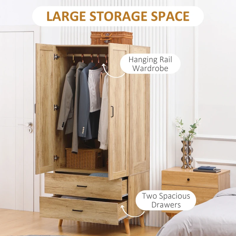 HOMCOM Wardrobe Wardrobe Storage 2 Doors and 2 Drawers with Hanging Rail - 80 x 54 x 180 cm