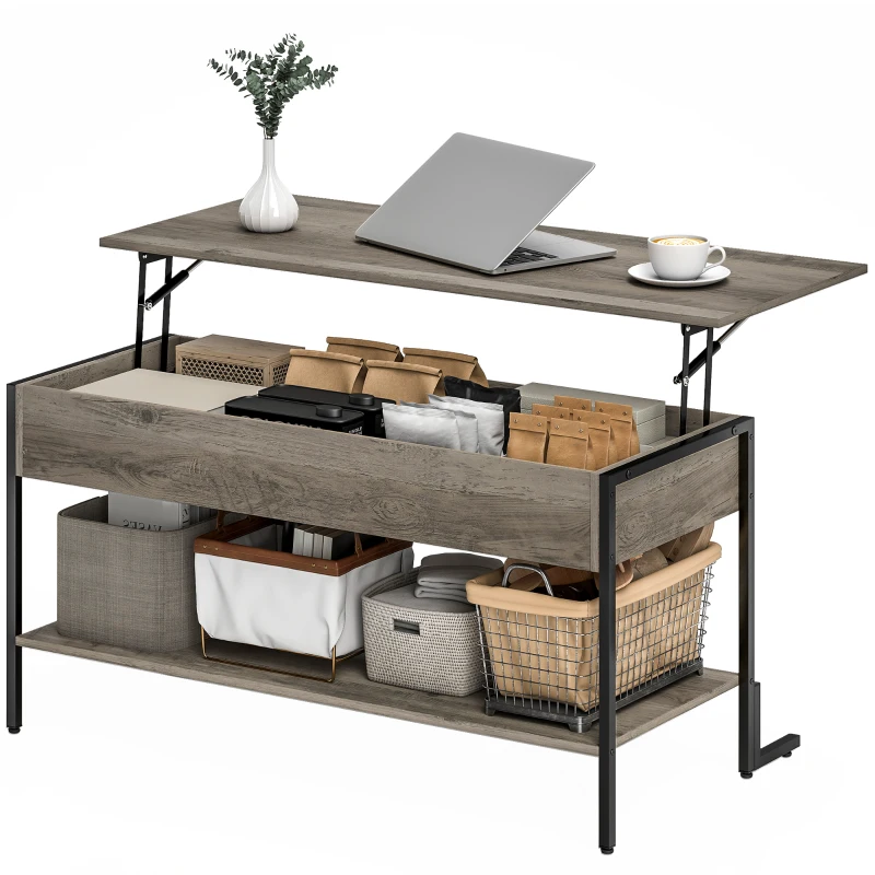 HOMCOM Tavolino con piano sollevabile, tavolino da salotto con vano nascosto e ripiano aperto, 95x40x59cm, grigio