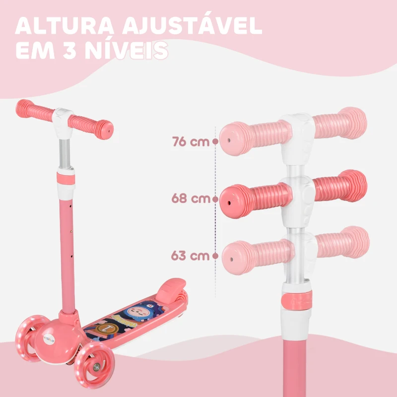 AIYAPLAY Trotinete para Crianças Trotinete com 3 Rodas LED Altura Ajustável Carga 25 kg 52x29x63-76 cm Rosa