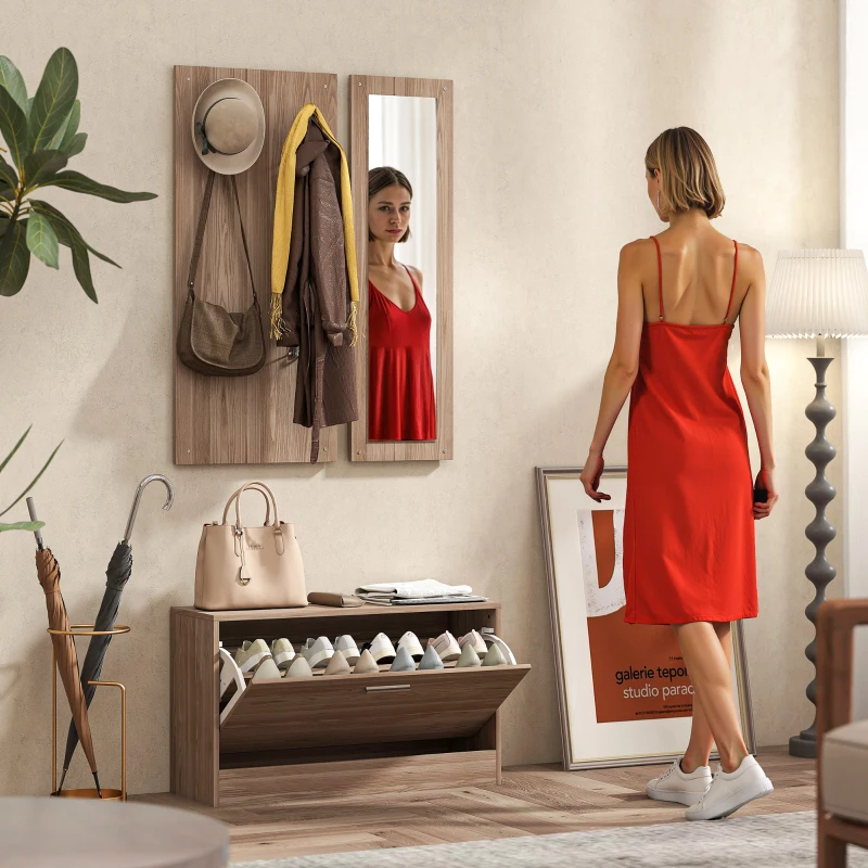 HOMCOM Set Möbel Eingang mit Schuhbank, Wandgarderobe und Spiegel, 80x27x46.5 cm, Dunkelbraun