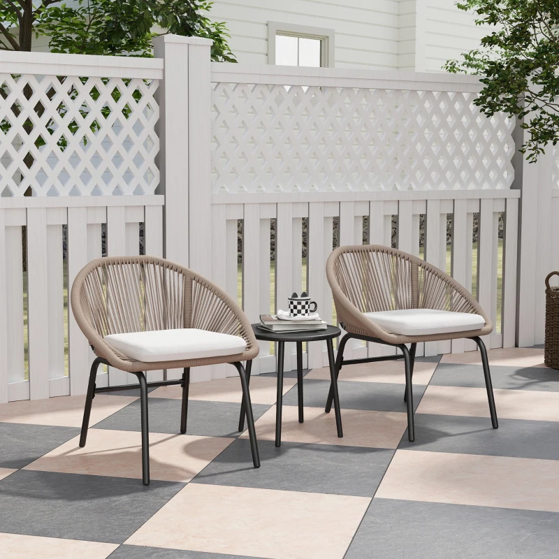 Outsunny Gartenmöbel-Set für 2 Personen mit weichen Sitzkissen aus geflochtener Rattan-Kordel und Epoxidstahl in Khaki