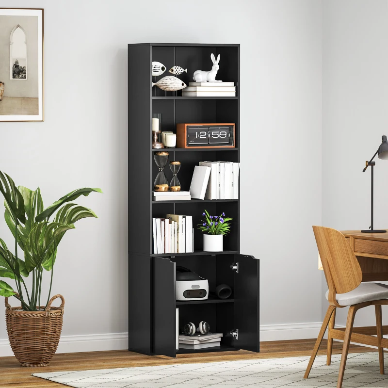 HOMCOM Bücherregal Bücherschrank mit 4 offenen Fächern und 2 Türen für Wohnzimmer und Büro 59x29x180 cm Schwarz