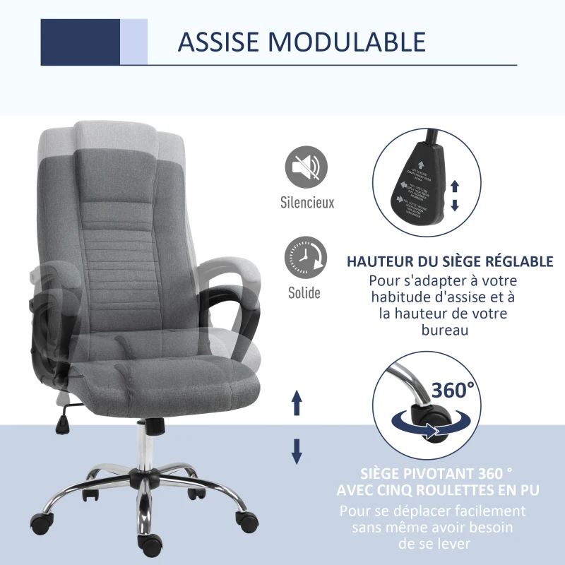 HOMCOM Fauteuil de bureau à roulettes chaise manager ergonomique pivotante hauteur réglable lin gris foncé