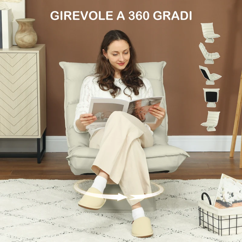 HOMCOM Poltrona in Tessuto Imbottita Girevole a 360° e Reclinabile a 3 Livelli 62x70x95cm, Beige