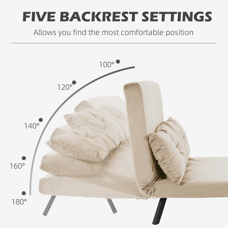 HOMCOM Sleeper Sofa 2-Seater Sofa Velvet Sofa, Sleeper Function, incl. 2 Pillows, Velvety Look, Natural + Beige + Black