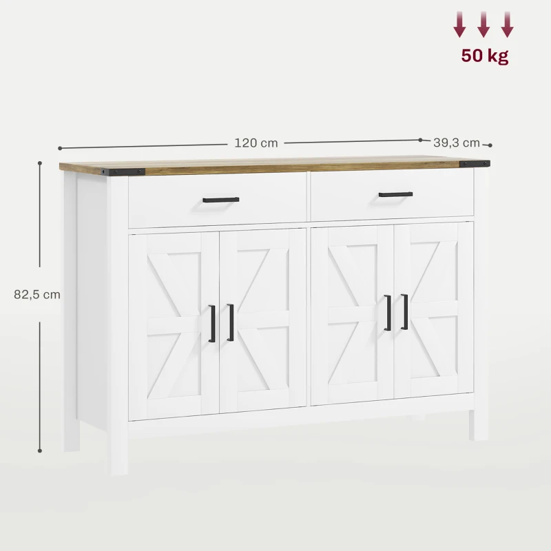 HOMCOM Buffet Schrank im ländlichen Stil mit 2 Schubladen und 2 Schränken mit verstellbaren Regalen, 120 x 39,3 x 82,5 cm, weiß