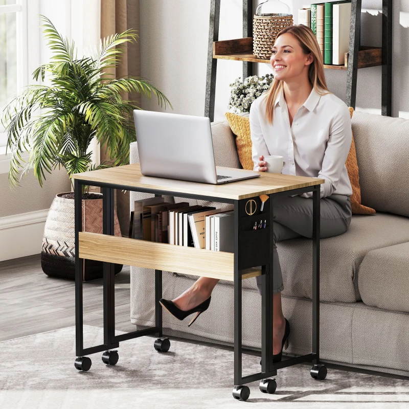 HOMCOM Klappbarer Schreibtisch auf Rollen 80 x 50 cm mit Regal und Aufbewahrungstasche, Eiche